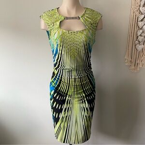 Frank Lyman Designs Lime Green Geometric Bodycon Dress Keyhole Size 6 Small